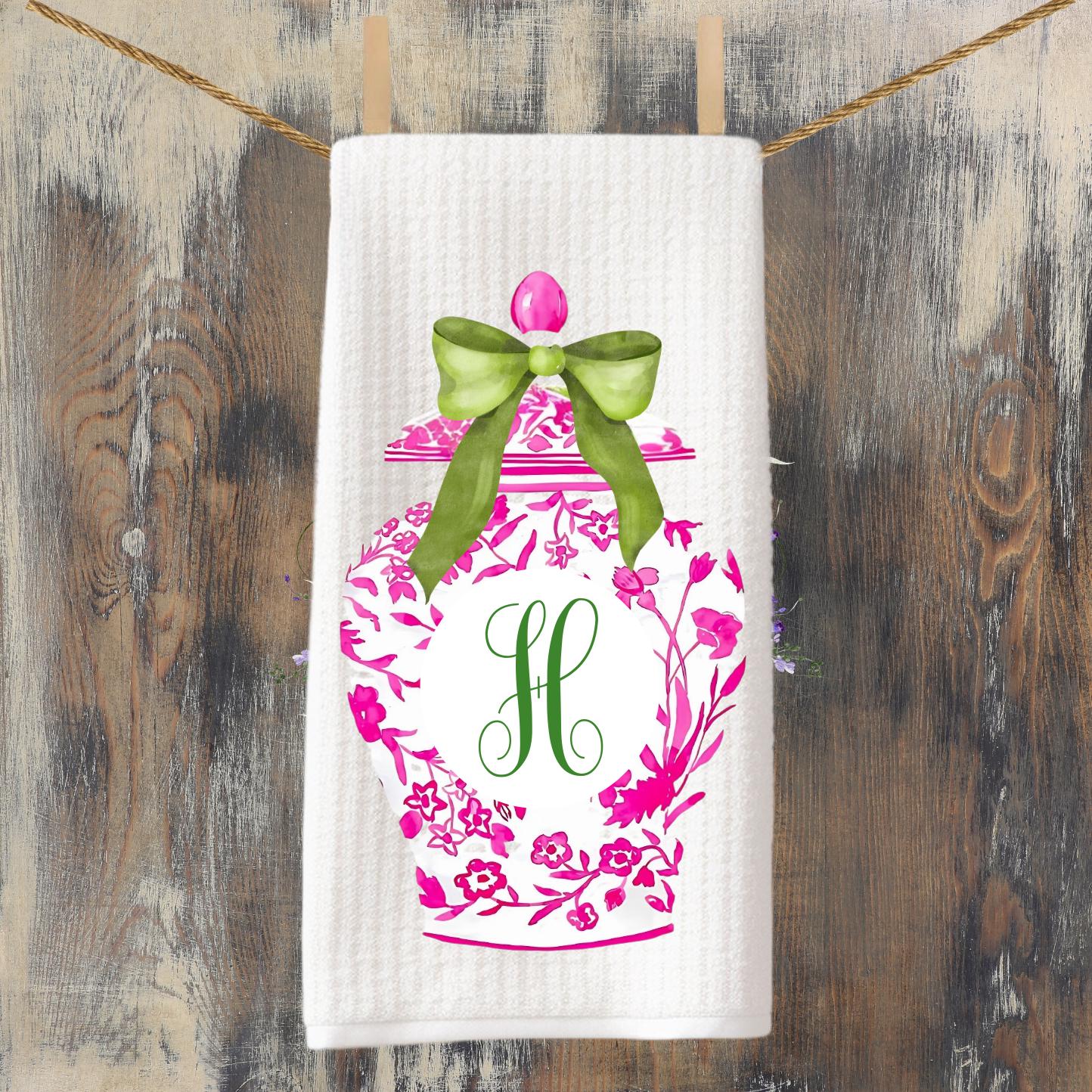 Monogrammed Kitchen Towel Set: Pink & Green Ginger Jar, Chinoiserie Decor