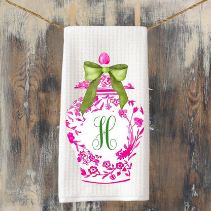 Monogrammed Kitchen Towel Set: Pink & Green Ginger Jar, Chinoiserie Decor