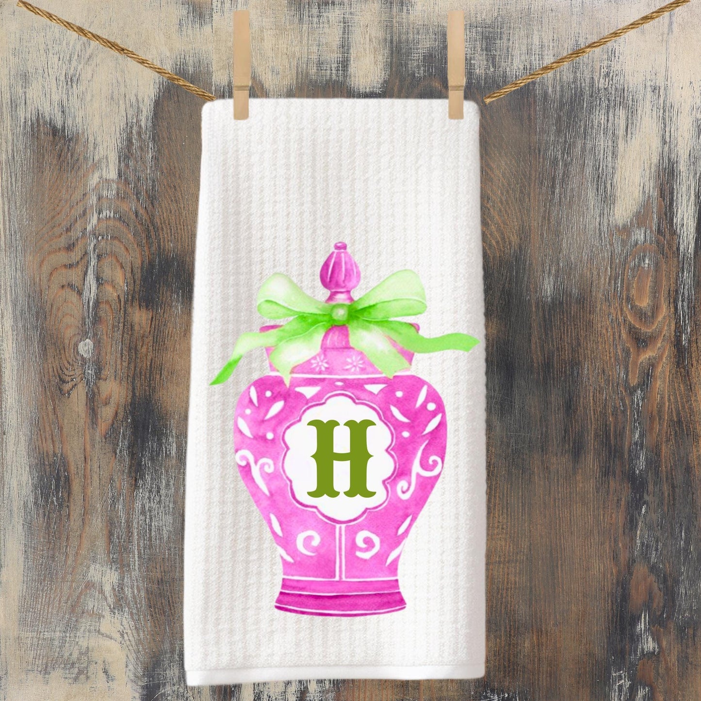 Monogrammed Easter Tea Towel Set: Pink & Green Chinoiserie Bunny Decor