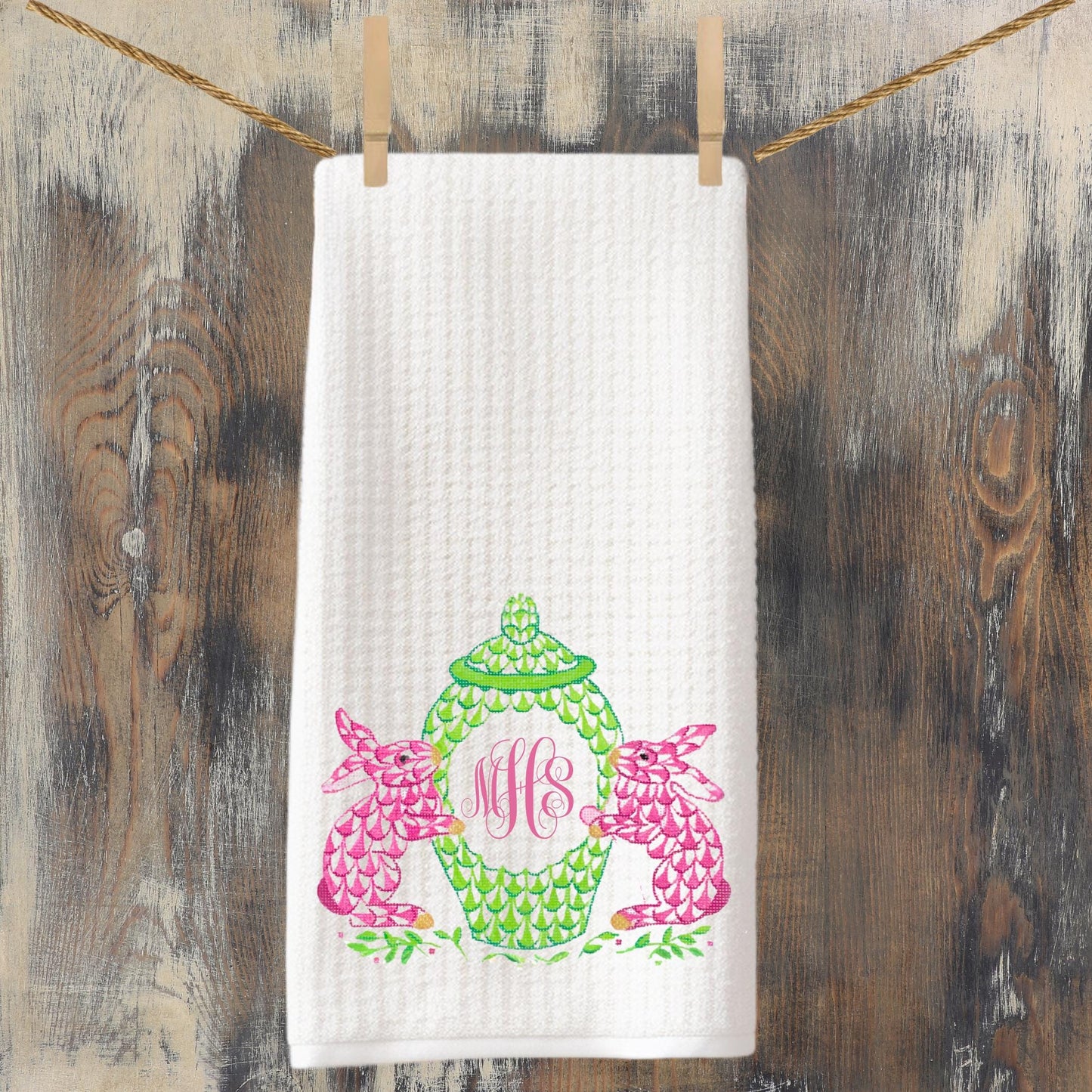 Monogrammed Easter Tea Towel Set: Pink & Green Chinoiserie Bunny Decor