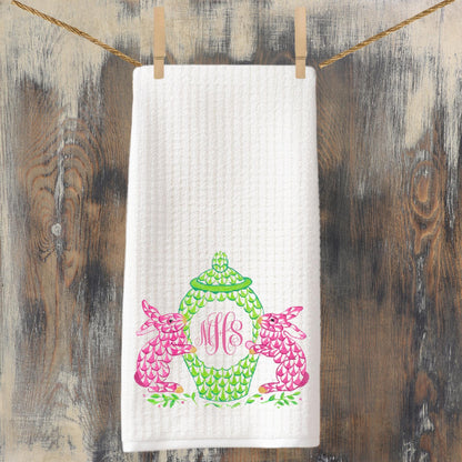 Monogrammed Easter Tea Towel Set: Pink & Green Chinoiserie Bunny Decor