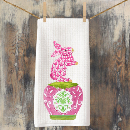 Monogrammed Easter Tea Towel Set: Pink & Green Chinoiserie Bunny Decor