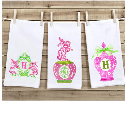 Monogrammed Easter Tea Towel Set: Pink & Green Chinoiserie Bunny Decor