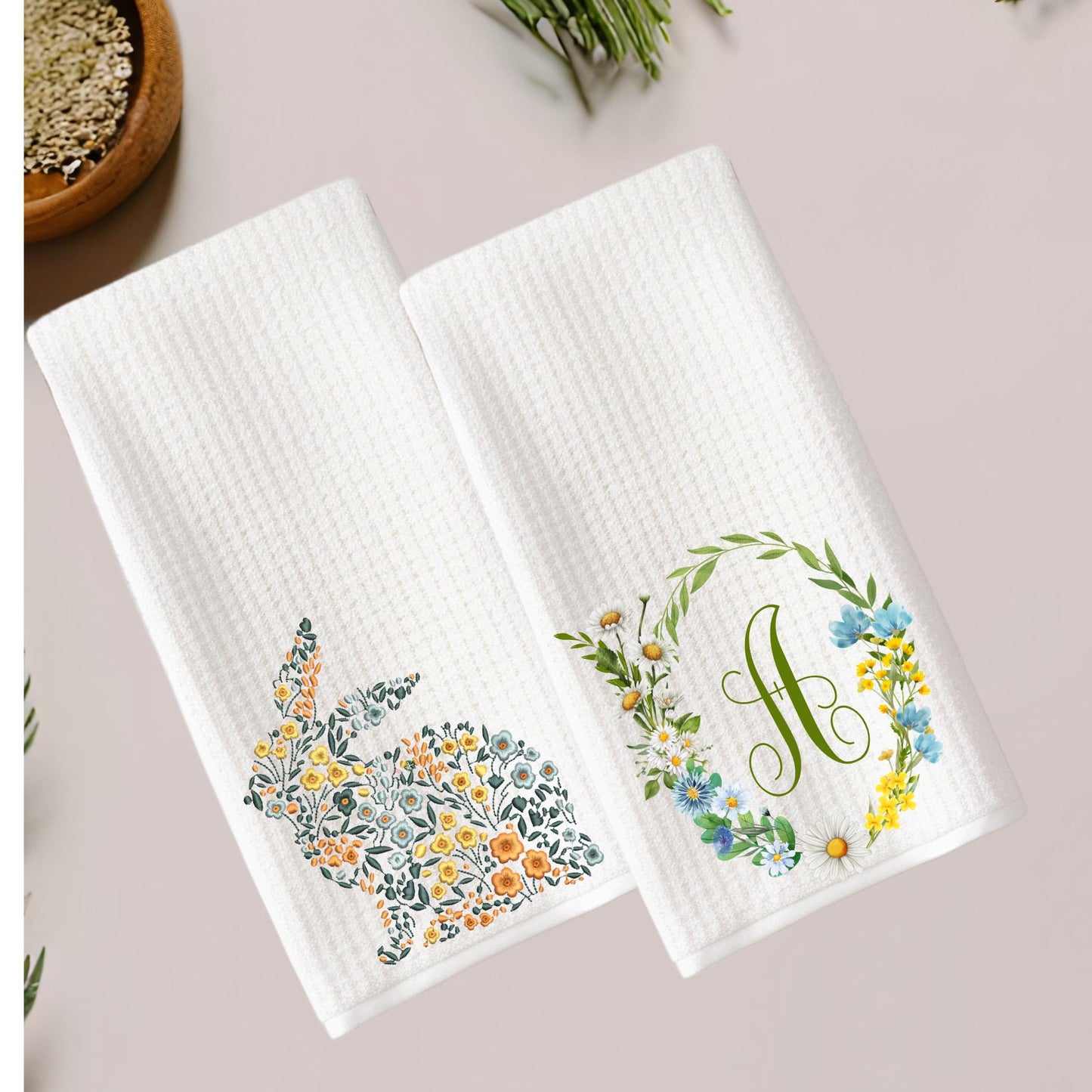 Floral Bunny Tea Towel: Easter Spring Kitchen Decor, Monogram Option