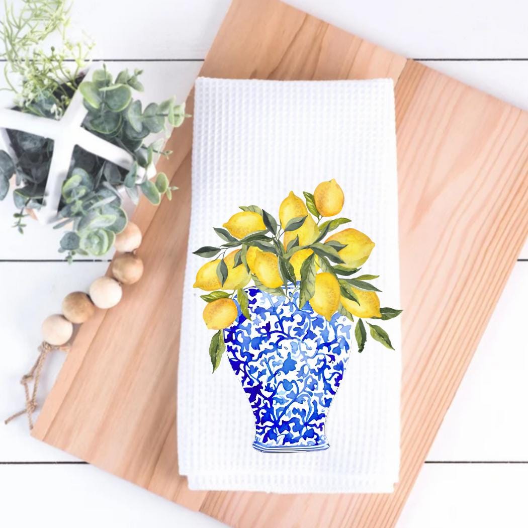 Chinoiserie Lemon Vase Tea Towel: Blue & Yellow Kitchen Decor