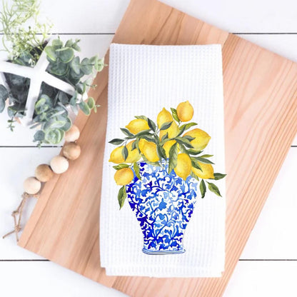 Chinoiserie Lemon Vase Tea Towel: Blue & Yellow Kitchen Decor