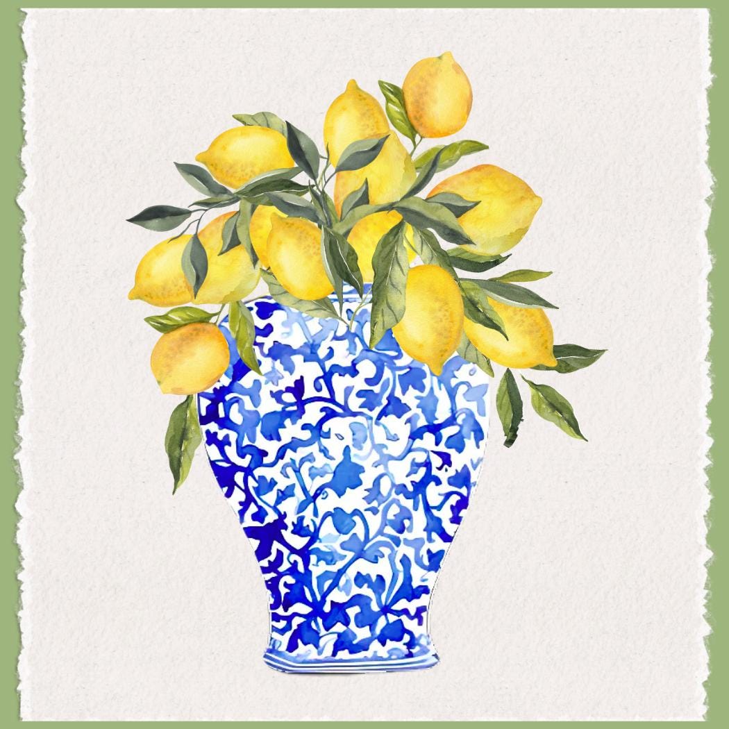 Chinoiserie Lemon Vase Tea Towel: Blue & Yellow Kitchen Decor