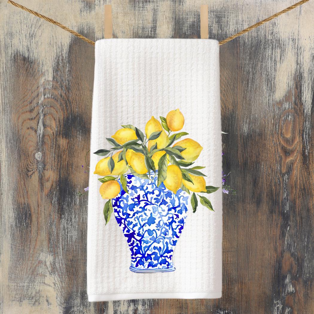 Chinoiserie Lemon Vase Tea Towel: Blue & Yellow Kitchen Decor