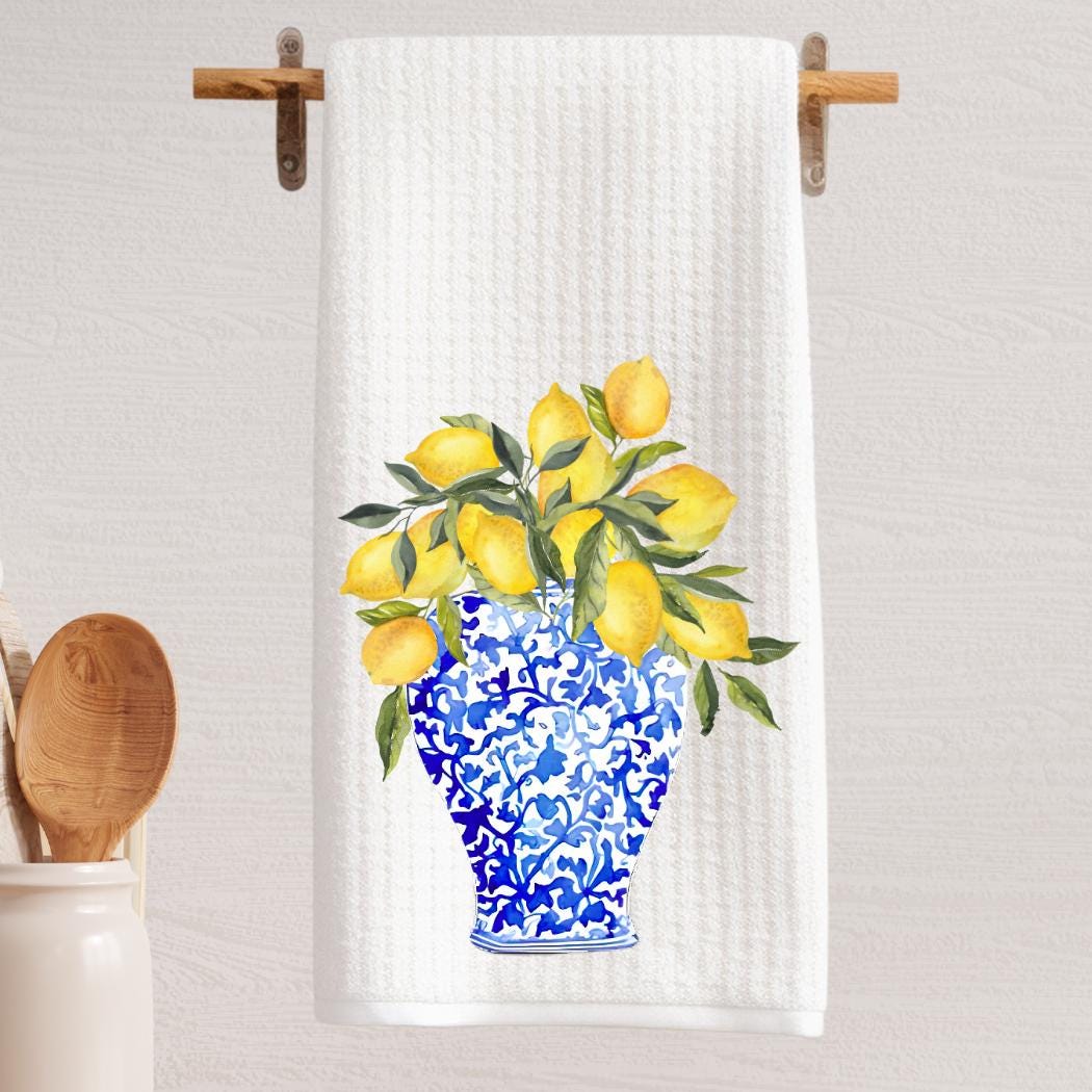Chinoiserie Lemon Vase Tea Towel: Blue & Yellow Kitchen Decor