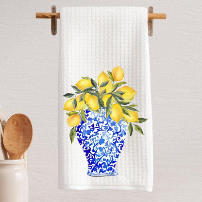 Chinoiserie Lemon Vase Tea Towel: Blue & Yellow Kitchen Decor