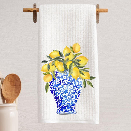 Chinoiserie Lemon Vase Tea Towel: Blue & Yellow Kitchen Decor