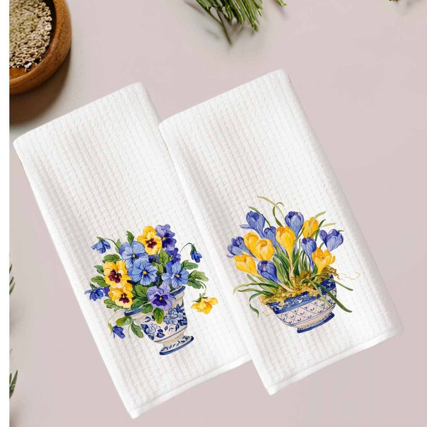 Pansies and Crocus Flowers Tea Towel