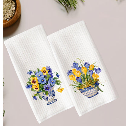 Pansies and Crocus Flowers Tea Towel