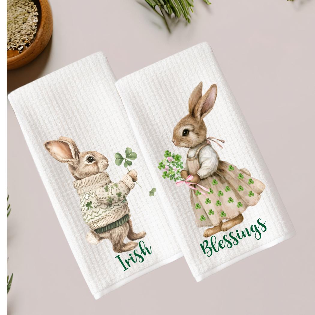 Irish Blessings Bunny Rabbit Tea Towel: St. Patrick's Day Kitchen Decor