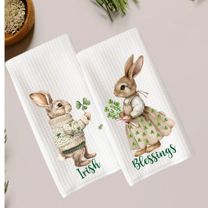 Irish Blessings Bunny Rabbit Tea Towel: St. Patrick's Day Kitchen Decor