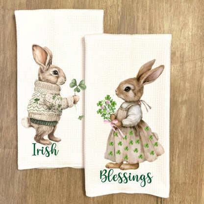 Irish Blessings Bunny Rabbit Tea Towel: St. Patrick's Day Kitchen Decor