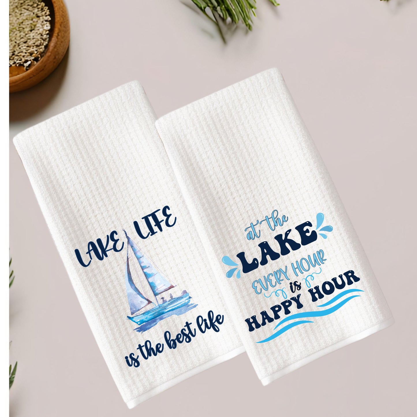 Lake House Tea Towel: Sailboat & Happy Hour Designs