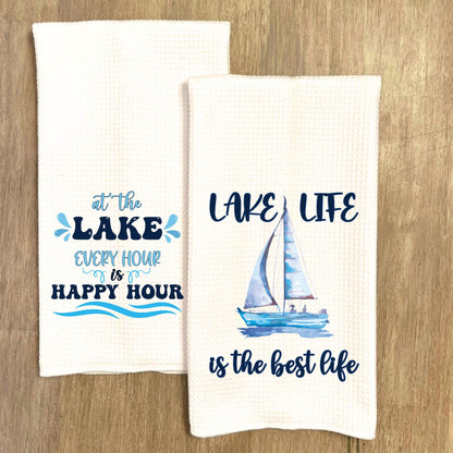 Lake Life Tea Towel: Watercolor Sailboat Waffle Weave