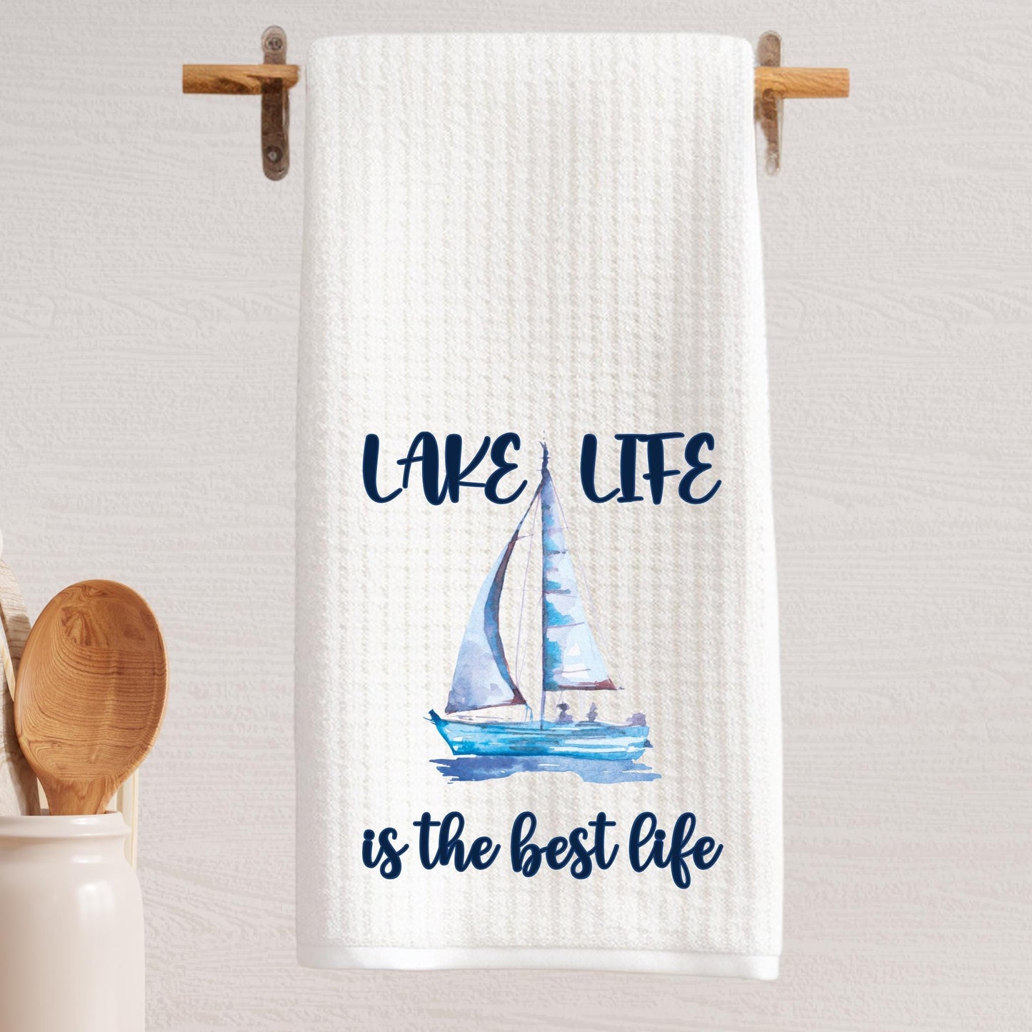 Lake Life Tea Towel: Watercolor Sailboat Waffle Weave