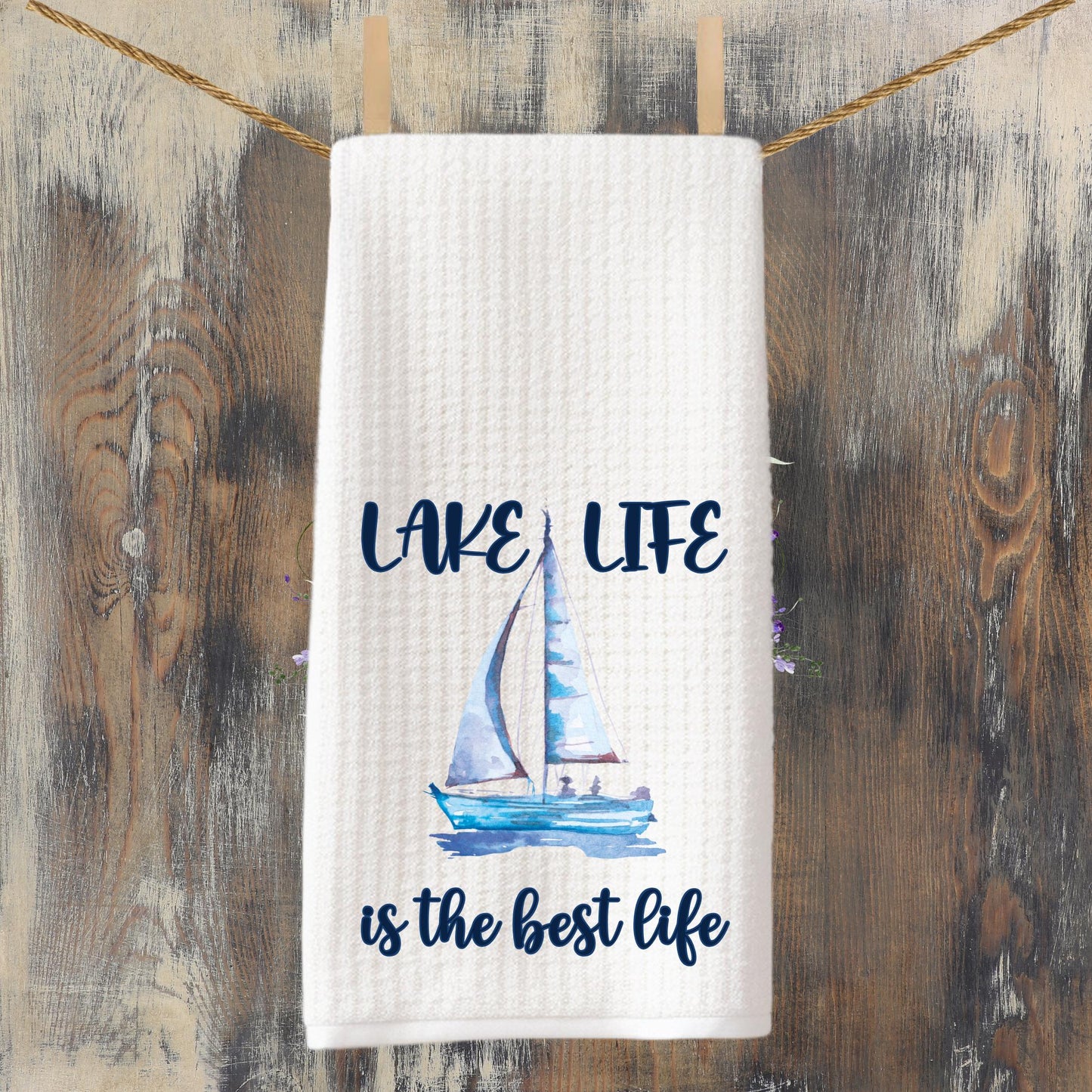 Lake Life Tea Towel: Watercolor Sailboat Waffle Weave