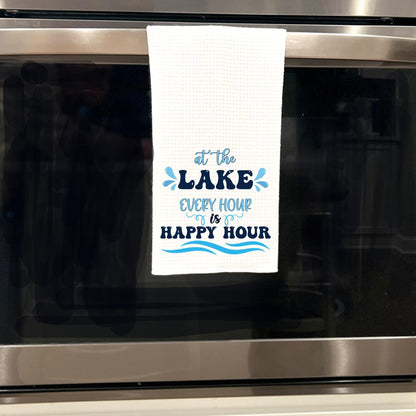 Lake House Waffle Weave Tea Towel: Happy Hour Lake Life Decor