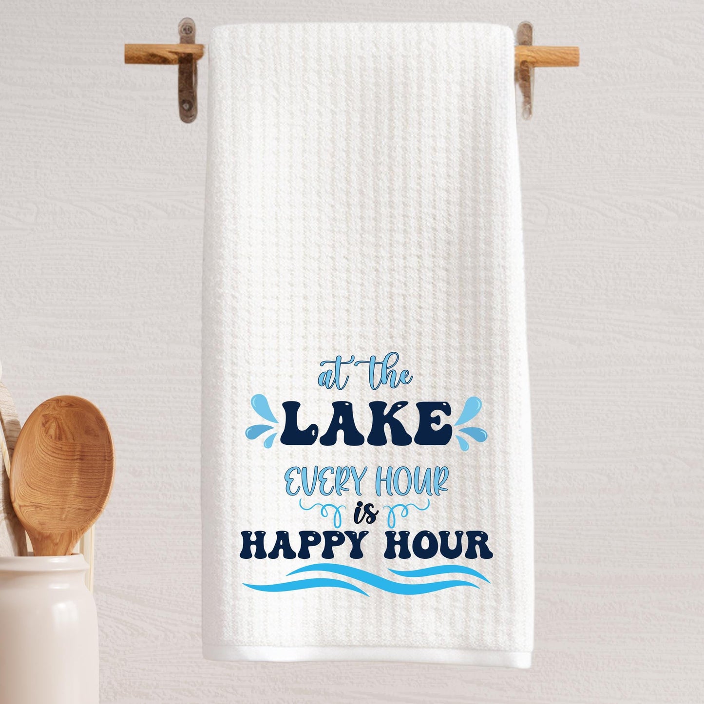 Lake House Waffle Weave Tea Towel: Happy Hour Lake Life Decor