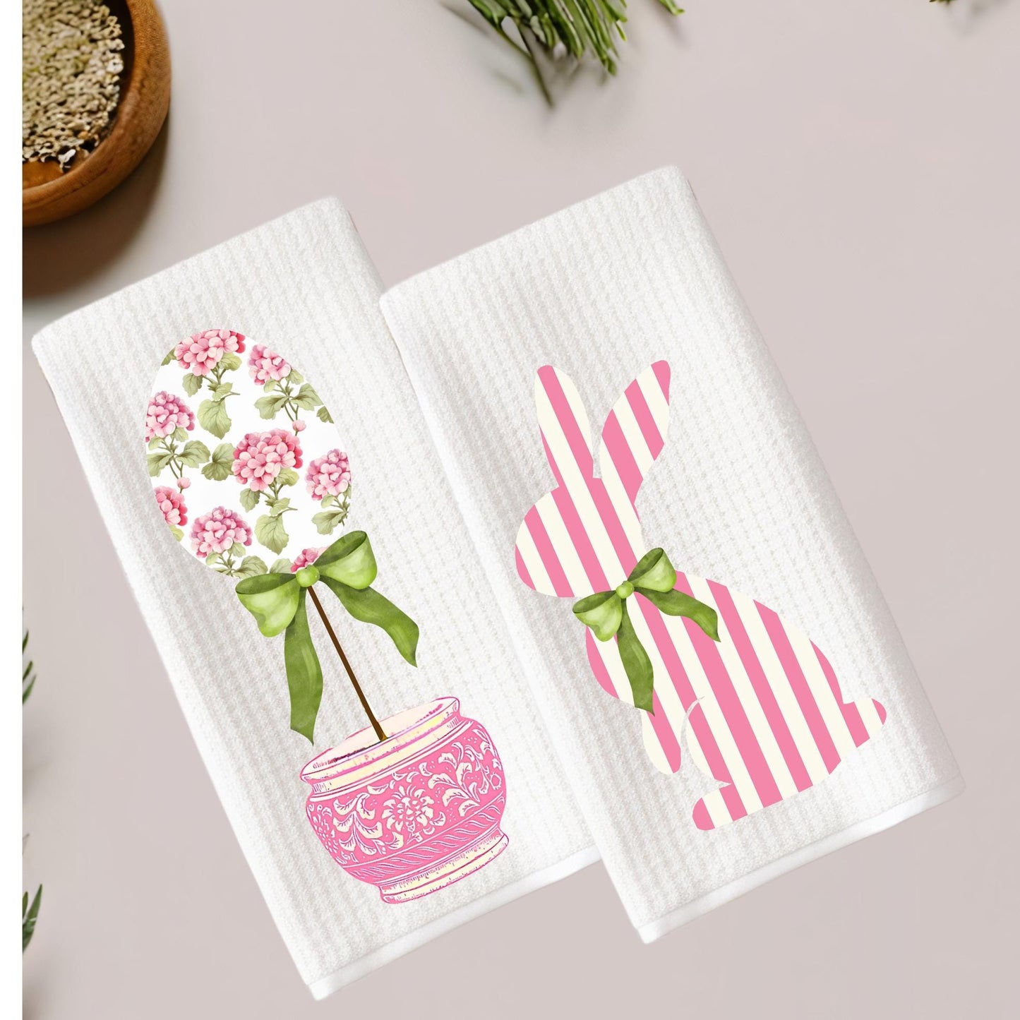 Easter Waffle Weave Tea Towel: Pink Bunny or Floral Egg Topiary