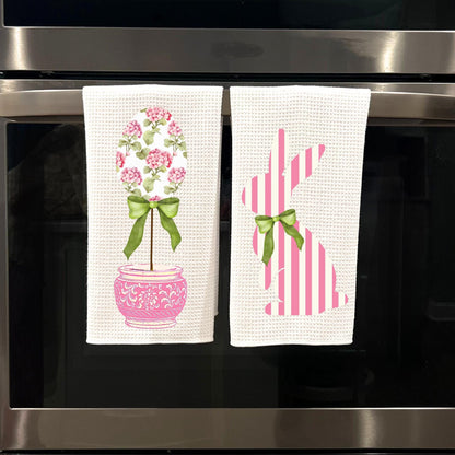 Easter Waffle Weave Tea Towel: Pink Bunny or Floral Egg Topiary