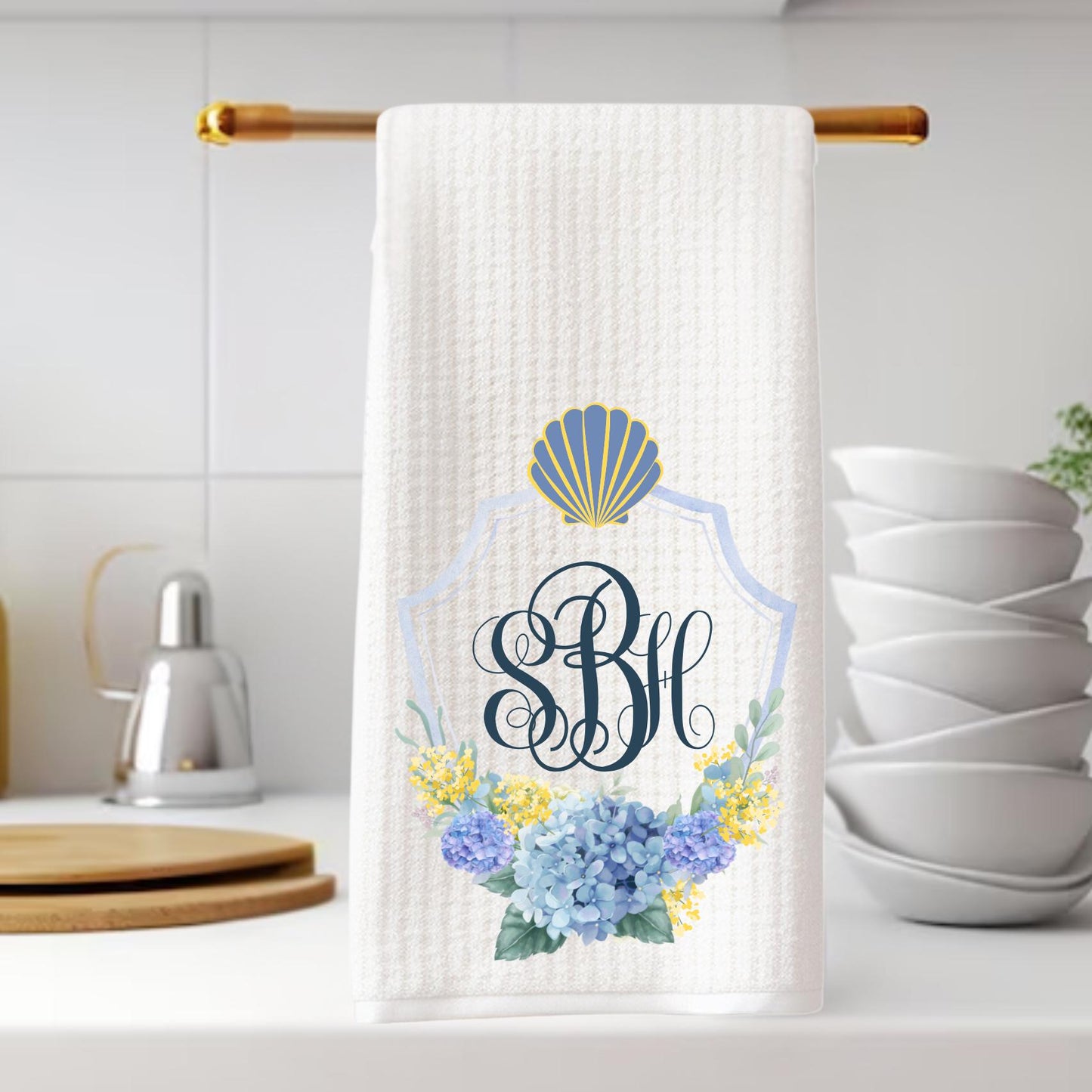 Sea Shell and Hydrangea Nantucket Monogram Tea Towel | Preppy Coastal Decor | Beach Decor | Beach House | Shore Decor | By The Shore