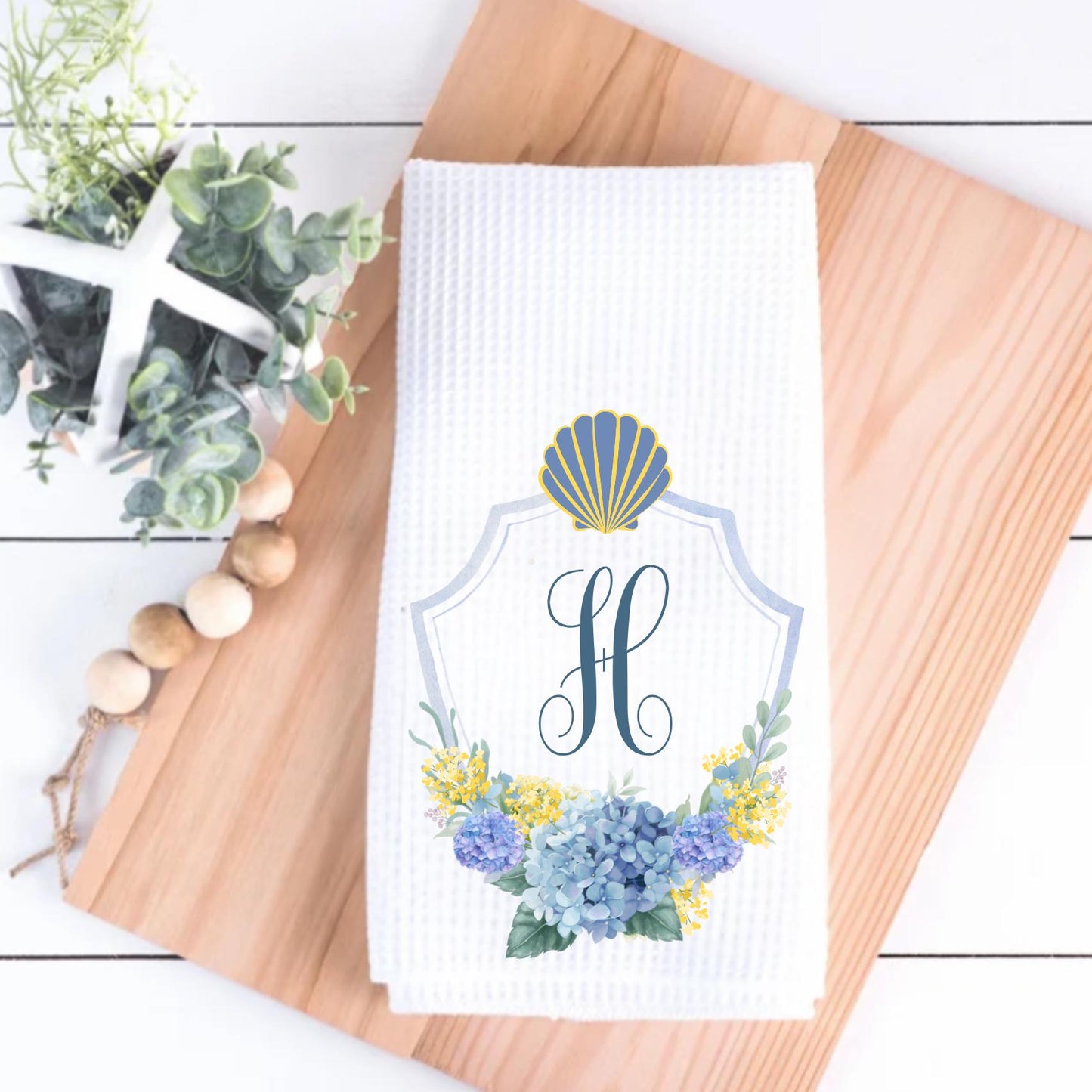Sea Shell and Hydrangea Nantucket Monogram Tea Towel | Preppy Coastal Decor | Beach Decor | Beach House | Shore Decor | By The Shore