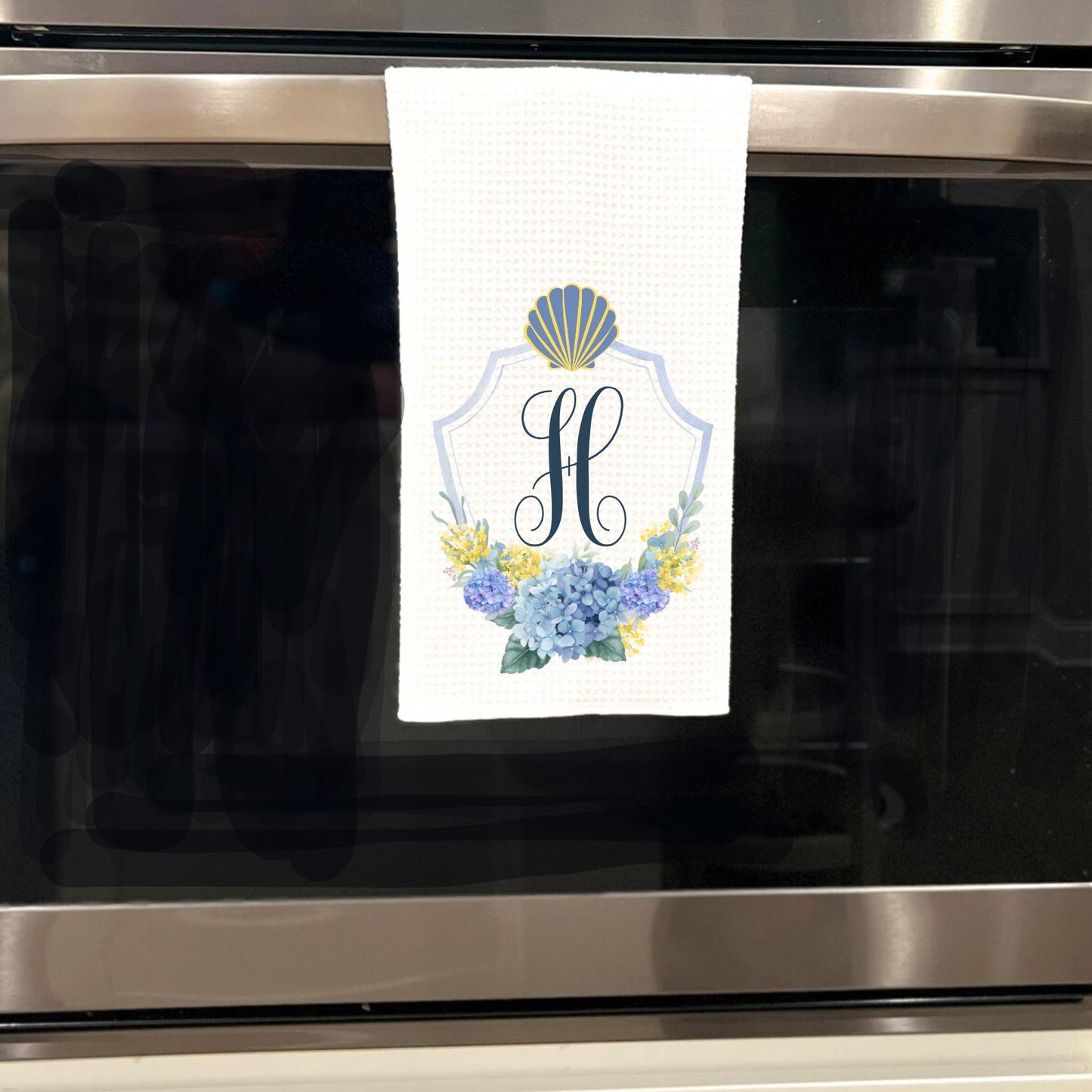 Sea Shell and Hydrangea Nantucket Monogram Tea Towel | Preppy Coastal Decor | Beach Decor | Beach House | Shore Decor | By The Shore