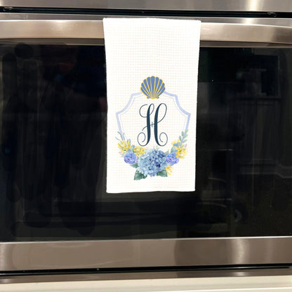 Sea Shell and Hydrangea Nantucket Monogram Tea Towel | Preppy Coastal Decor | Beach Decor | Beach House | Shore Decor | By The Shore