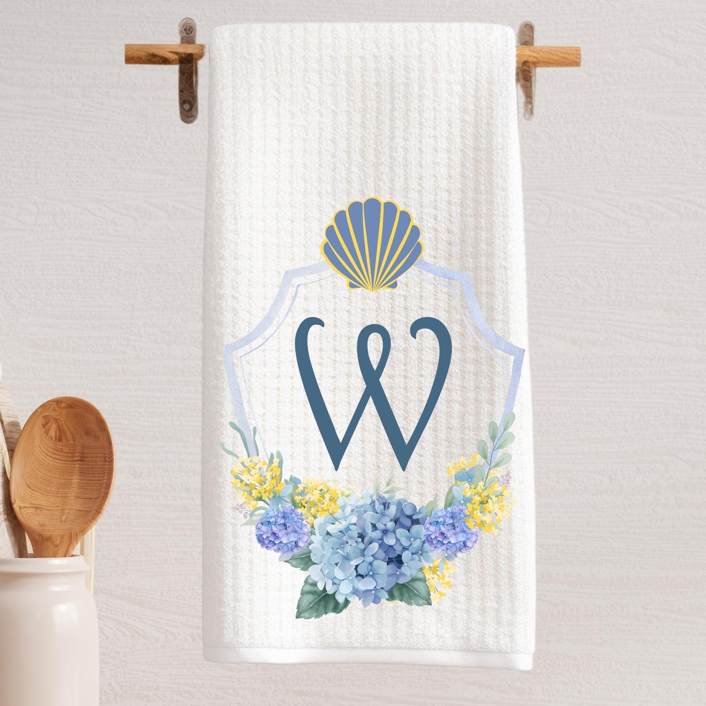 Sea Shell and Hydrangea Nantucket Monogram Tea Towel | Preppy Coastal Decor | Beach Decor | Beach House | Shore Decor | By The Shore