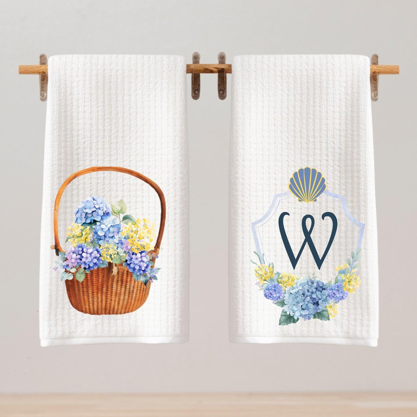 Sea Shell and Hydrangea Nantucket Monogram Tea Towel | Preppy Coastal Decor | Beach Decor | Beach House | Shore Decor | By The Shore