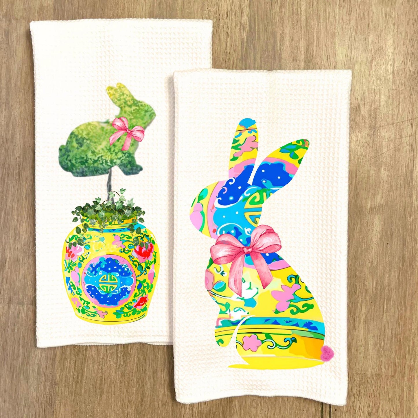 Chinoiserie Bunny Tea Towel: Easter Rabbit, Spring Kitchen Decor