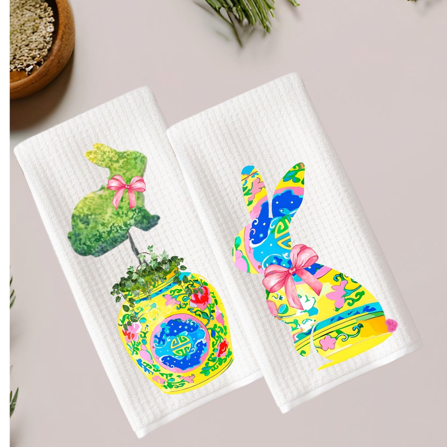 Chinoiserie Bunny Tea Towel: Easter Rabbit, Spring Kitchen Decor