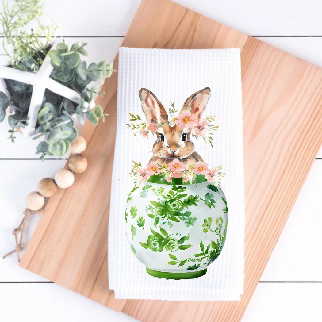 Chinoiserie Bunny Waffle Weave Tea Towel: Green Ginger Jar, Easter Decor