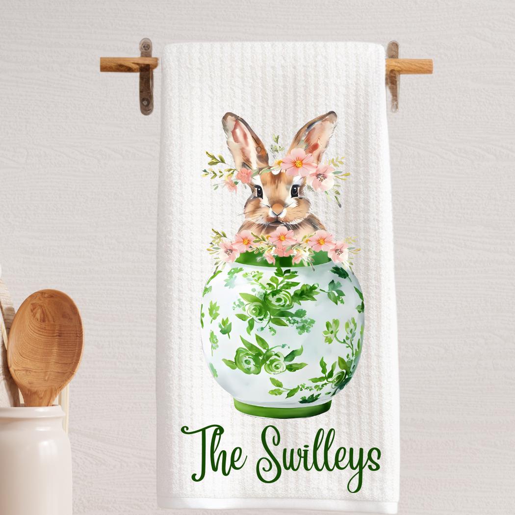 Chinoiserie Bunny Waffle Weave Tea Towel: Green Ginger Jar, Easter Decor
