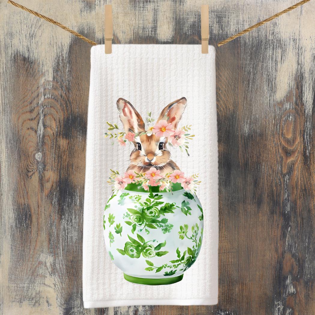 Chinoiserie Bunny Waffle Weave Tea Towel: Green Ginger Jar, Easter Decor