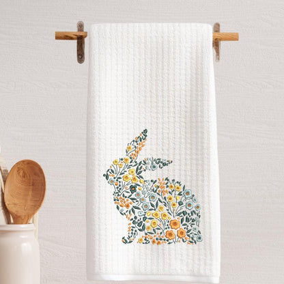 Floral Bunny Tea Towel: Easter Spring Kitchen Decor, Monogram Option