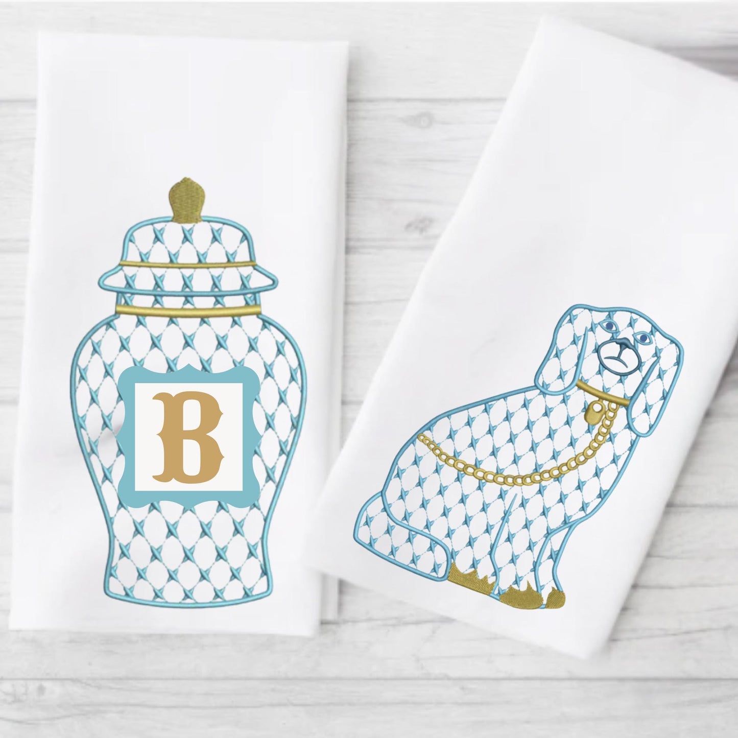 Chinoiserie Ginger Jar or Staffordshire Dog Tea Towels