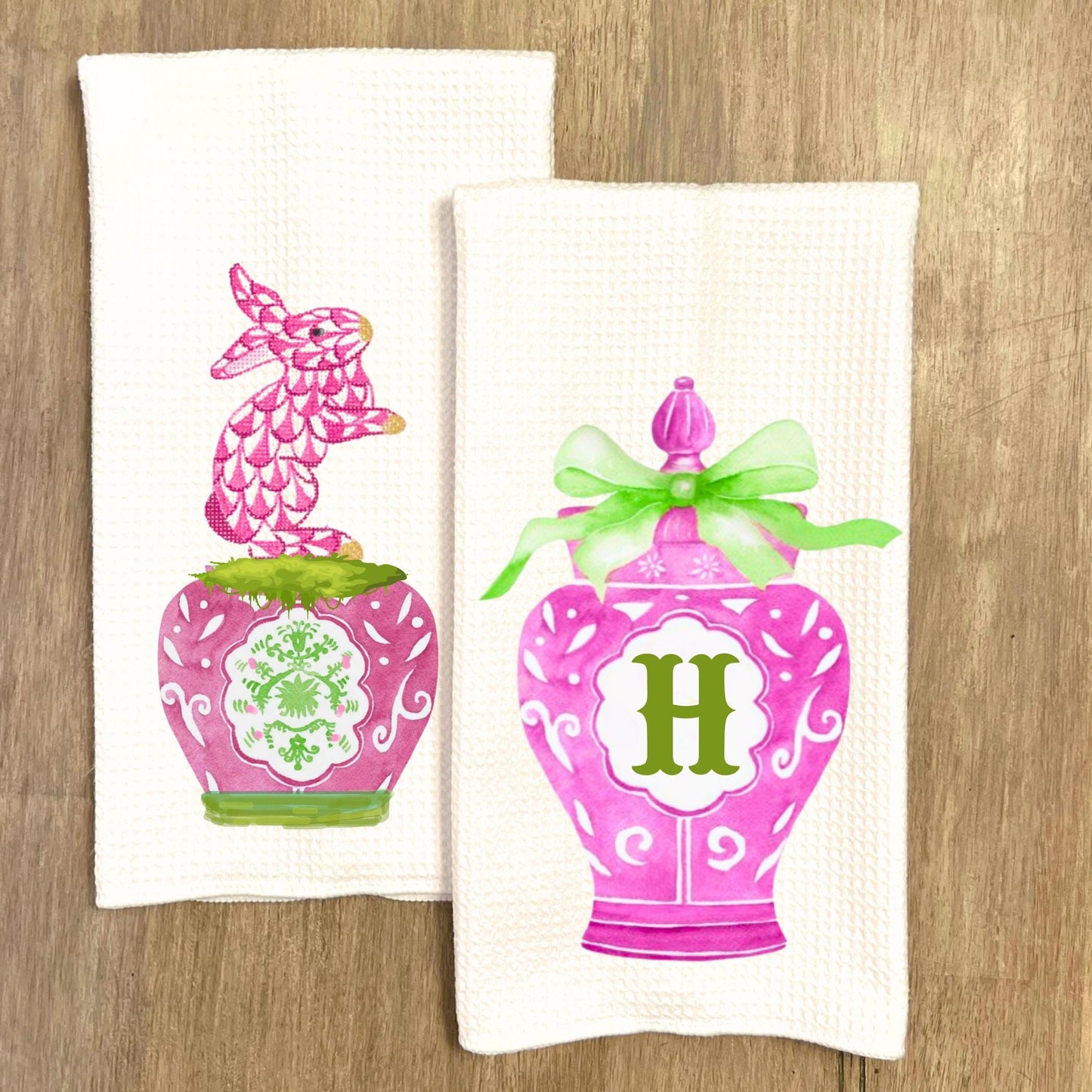 Monogrammed Easter Tea Towel Set: Pink & Green Chinoiserie Bunny Decor