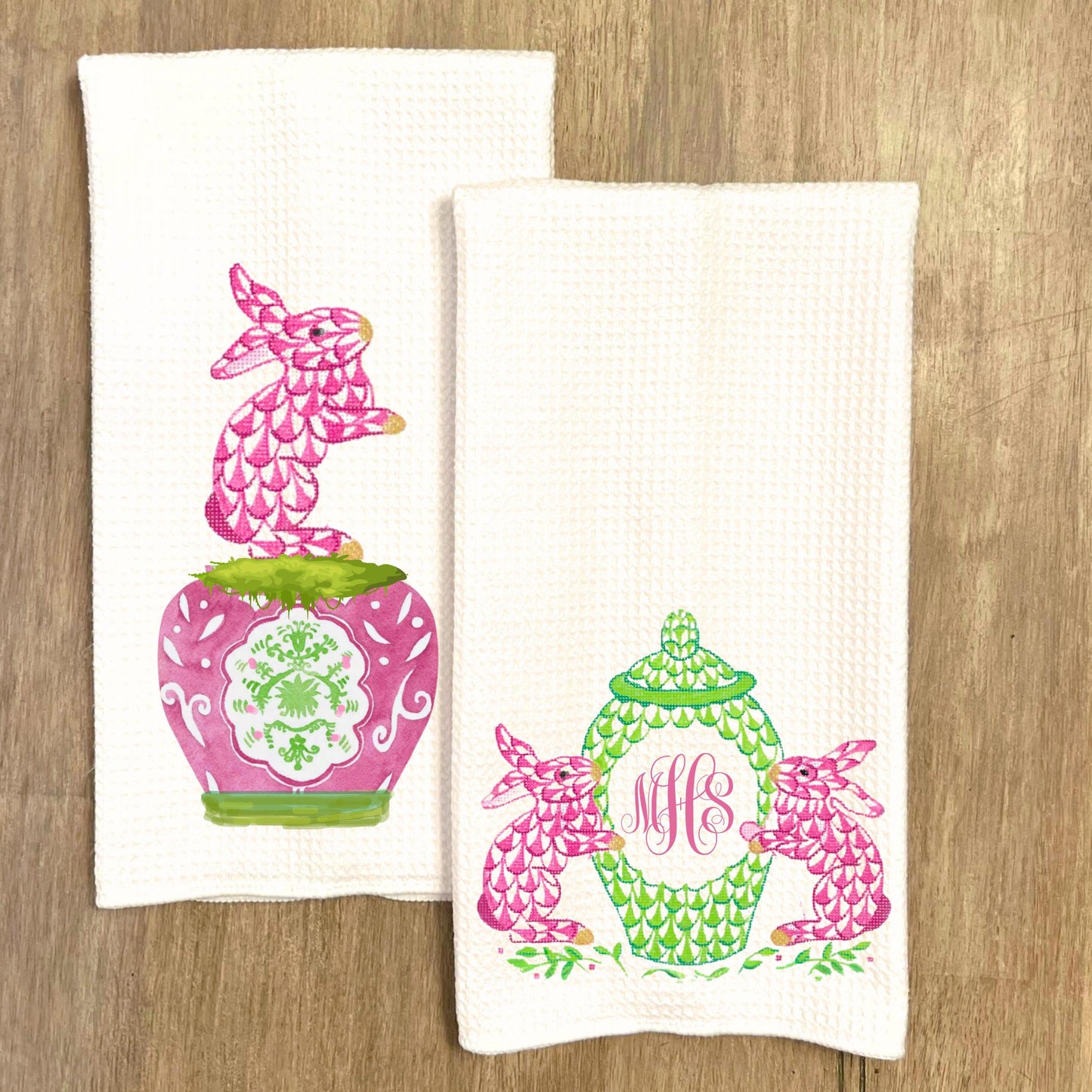 Monogrammed Easter Tea Towel Set: Pink & Green Chinoiserie Bunny Decor