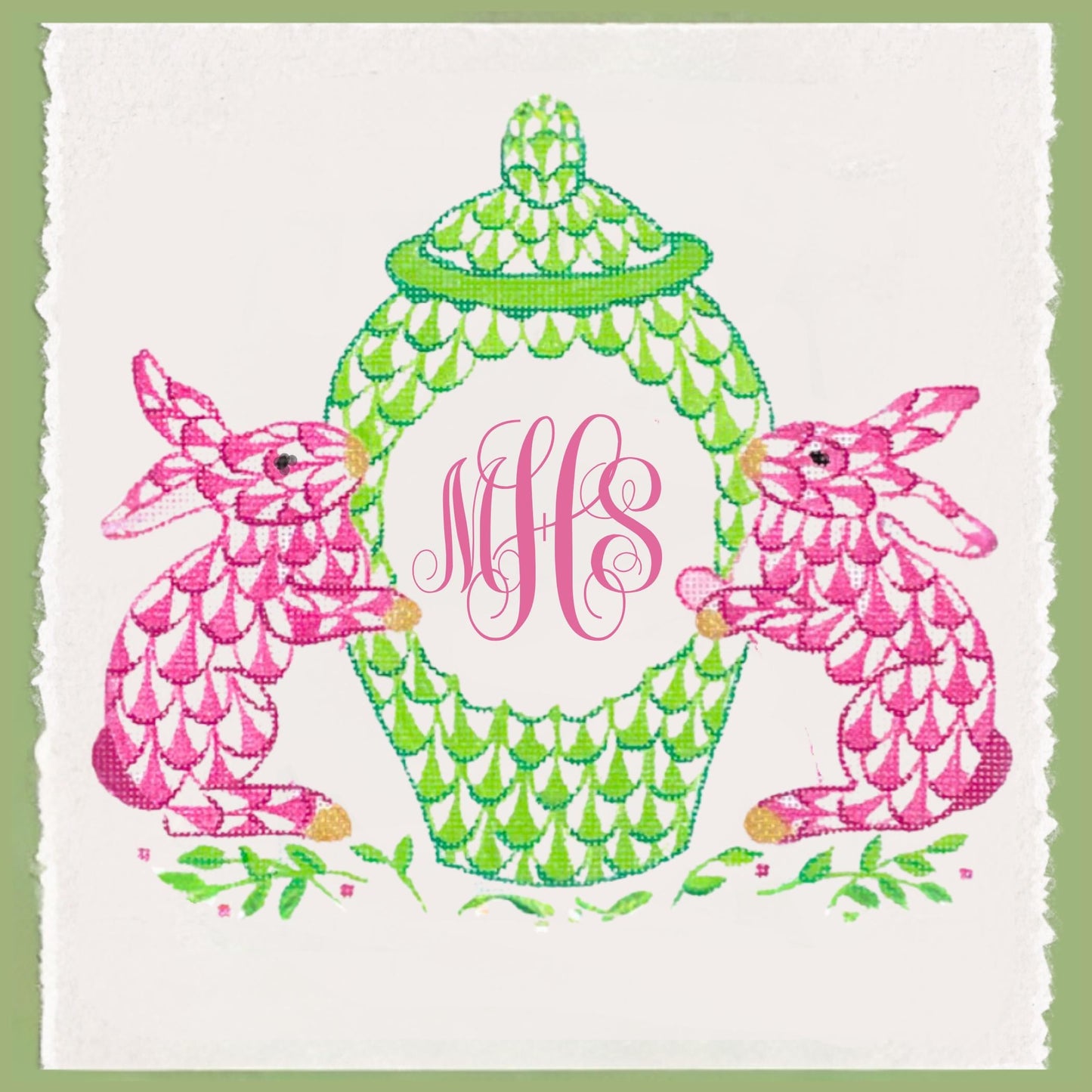 Monogrammed Easter Tea Towel Set: Pink & Green Chinoiserie Bunny Decor