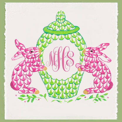 Monogrammed Easter Tea Towel Set: Pink & Green Chinoiserie Bunny Decor