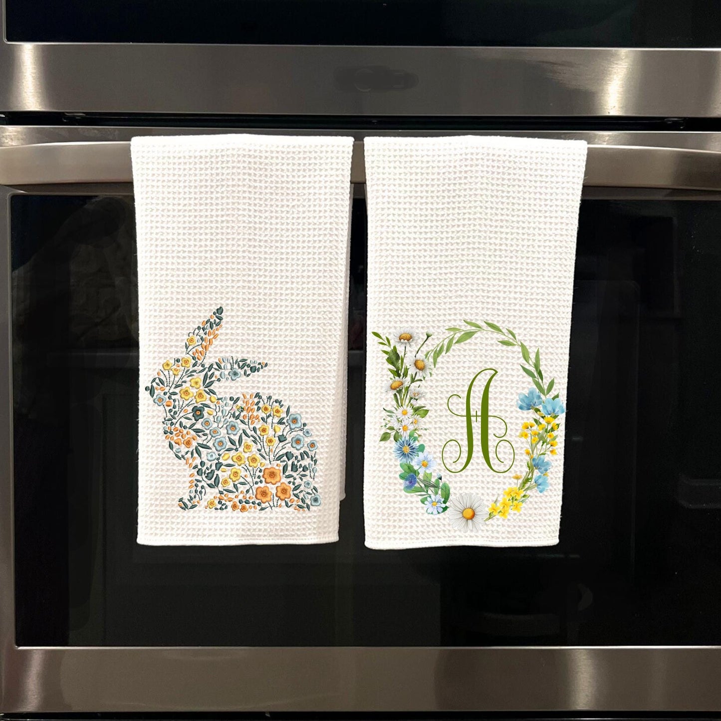 Floral Bunny Tea Towel: Easter Spring Kitchen Decor, Monogram Option