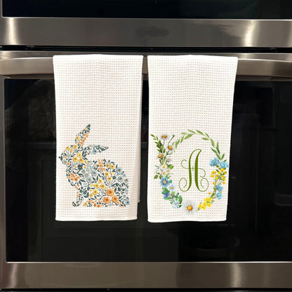 Floral Bunny Tea Towel: Easter Spring Kitchen Decor, Monogram Option