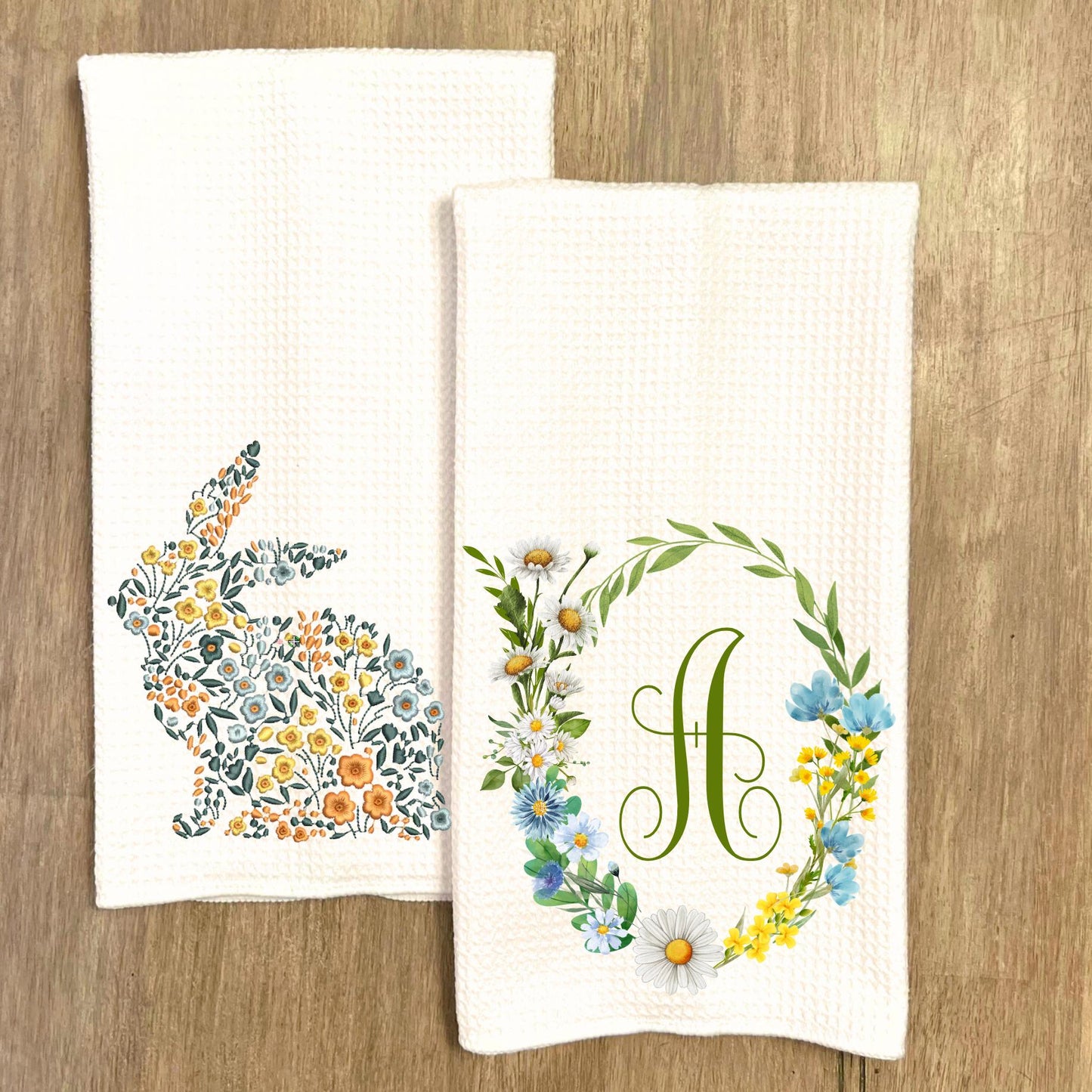 Floral Bunny Tea Towel: Easter Spring Kitchen Decor, Monogram Option