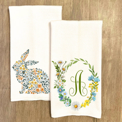 Floral Bunny Tea Towel: Easter Spring Kitchen Decor, Monogram Option