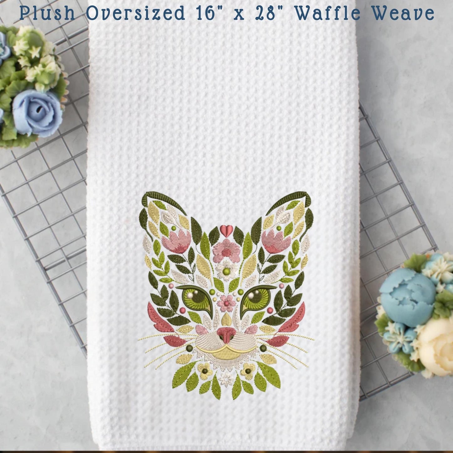 Floral Cat Face Tea Towel or Tote Collection Waffle Weave Cat Lover Decor